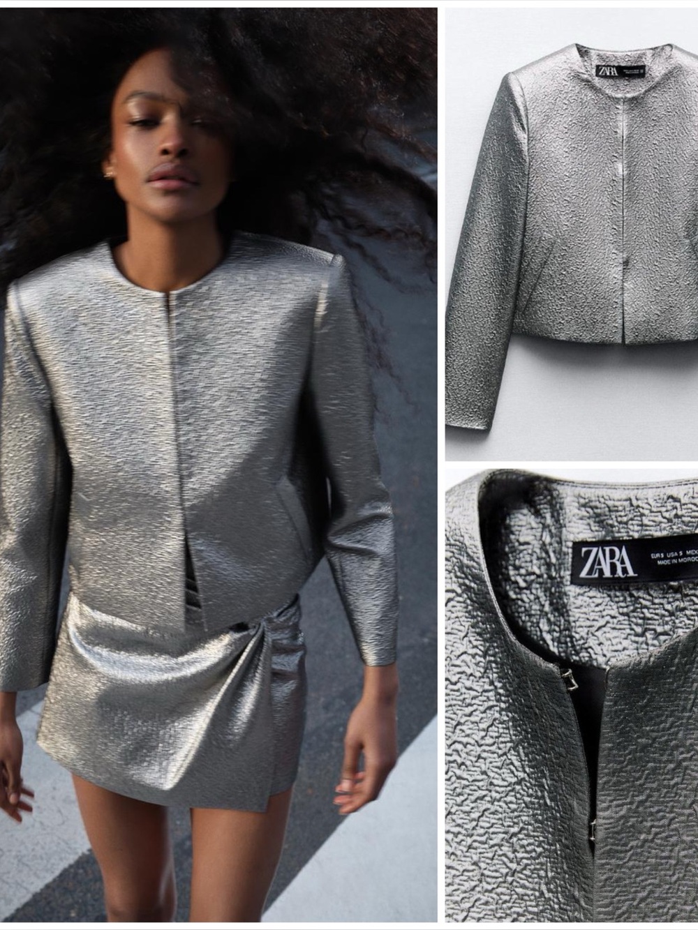 ZARA ~ Metallic Silver Textured Coated Round Neck Cropped Jacket Blazer